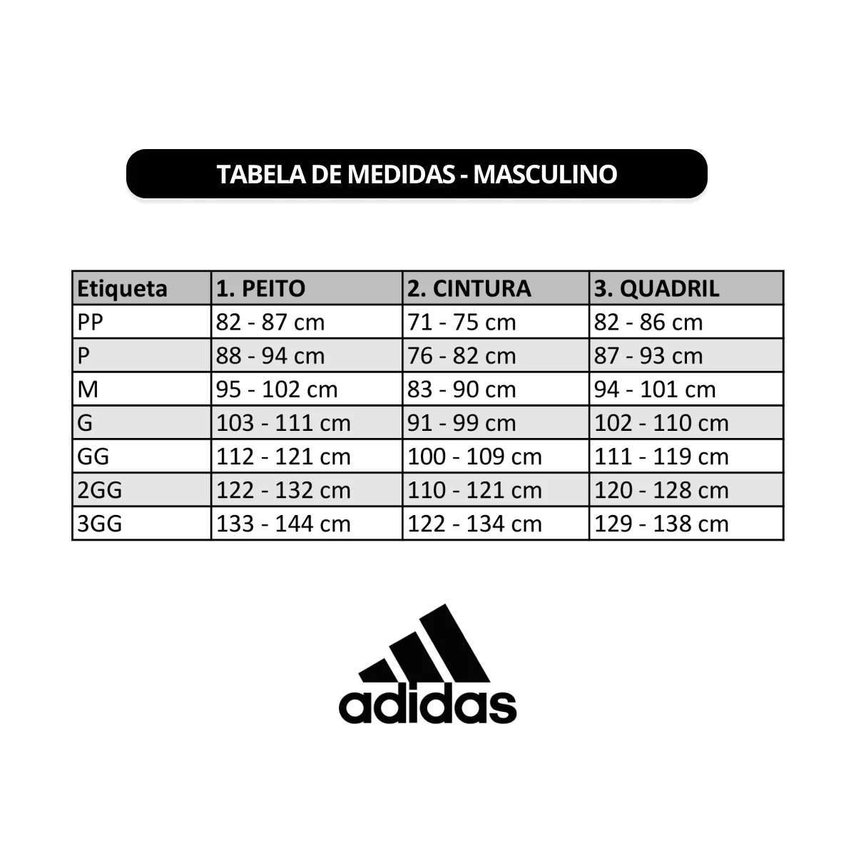 TABELA DE MEDIDAS CAMISETA ADIDAS